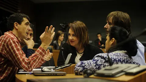 Los parlamentarios de podemos (De izq. a drch.) Ruben Velasco, Carlos Couso, Ainhoa Azn&aacute;rez, Mikel Buil y Fanny Carrillo se reunen durante el receso del pleno. MIGUEL OS&Eacute;S 