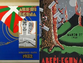 A la izquierda la portada de la revista del primer “Día de la Patria Vasca”, “Abeŕi Eguna Beŕbizkunde-Igandia 1932”  a la derecha uno de los carteles diseñado por Luciano de Quintana (Nik).