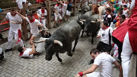 Varios toros de 'Jos&eacute; Escolar' enfilan el &uacute;ltimo tramo del callej&oacute;n para acceder a la plaza. EFE/EPA/JIM HOLLANDER