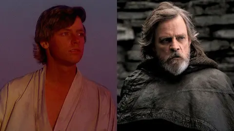 Los ultimos jedi, Mark Hamill como Luck Skywalker en 1977 y 2017