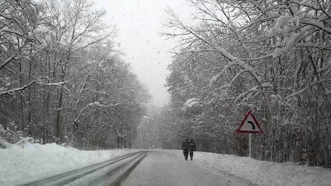 Dos personas caminan por la N-135 en el t&eacute;rmino de Roncesvalles (Navarra), comunidad donde contin&uacute;a el temporal de nieve con esperoses que alcanzan los 50cm de nieve. EFE/Villar L&oacute;pez