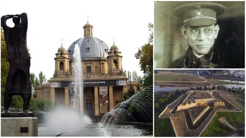 El edificio de los Caídos de Pamplona, una imagen de Mola y el Fuerte de San Cristóbal.