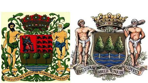 4 siglos y medio separan a estos dos blasones. El de la derecha es producto de la intervención iconoclasta del fundamentalismo vasco. 