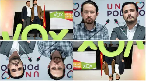 Una imagen de Santiago Abascal y el candidato de VOX en Andalucía junto a a Pablo Iglesias y Alberto Garzón, de Unidos Podemos