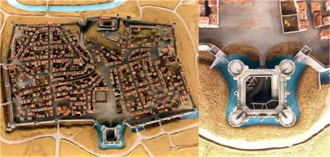 Maqueta de Ciga de la Pamplona de 1521 con el castillo en la parte inferior. A la derecha detalle del castillo de la herida de Íñigo López. 