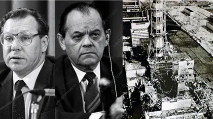 Los auténticos Valery Legasov y Boris Shcherbina. Imagen del edificio del reactor tras la explosión. 
