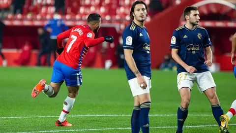 Celebrate score of Luis Suarez of Granada during the spanish league, LaLiga, football match played between Granada Club de Futbol and Club Atletico Osasuna at Nuevos Los Carmenes Stadium on January 12, 2021 in Granada, Spain.