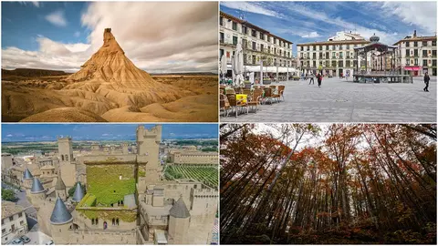 Combo de imágenes de Navarra con vistas de las Bardenas, Tudela, Olite e Irati.