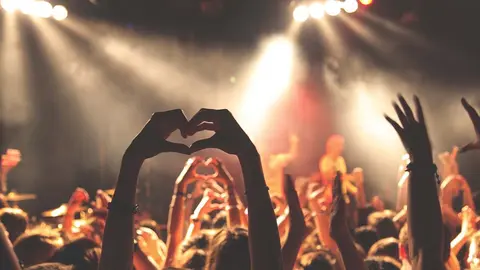 Varias personas bailan y cantan durante un concierto de música.