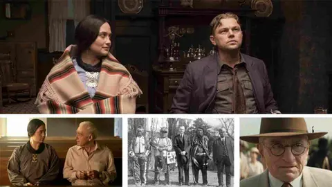 Leonardo Di Caprio, Lily Gladstone, Martin Scorsese, el Presidente Calvin Coolidge con Indios Osage en 1925 y Robert De Niro en Killers of the flower moon (1)
