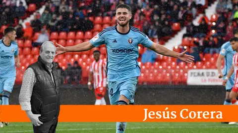 El jugador de Osasuna Iker Muñoz celebra un gol ante el Almería, durante el partido de LaLiga EA Sports de la jornada 30 disputado esta tarde en el Power Horse Stadium de Almería (Andalucía). EFE / Carlos Barba