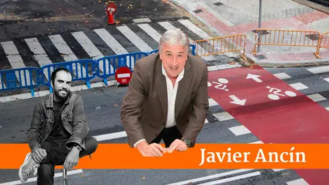 Fotomontaje de Joseba Asir&oacute;n en el carril bici en la Cuesta del Labrit de Pamplona. I&Ntilde;IGO ALZUGARAY