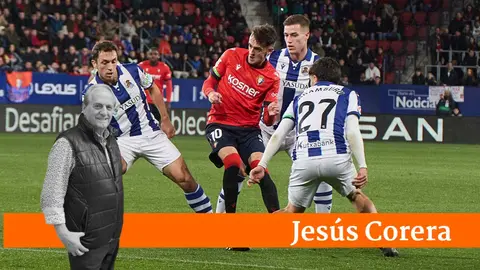 Jon Olasagasti (16. Real Sociedad), Aimar Oroz (10. CA Osasuna) y Jon Aramburu (27. Real Sociedad) durante el partido de La Liga EA Sports entre CA Osasuna y Real Sociedad disputado en el estadio de El Sadar en Pamplona. IÑIGO ALZUGARAY