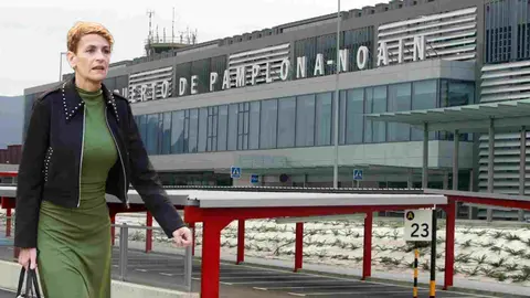 Fotomontaje de Mar&iacute;a Chivite sobre una foto de la terminal del Aeropuerto de No&aacute;in-Pamplona.