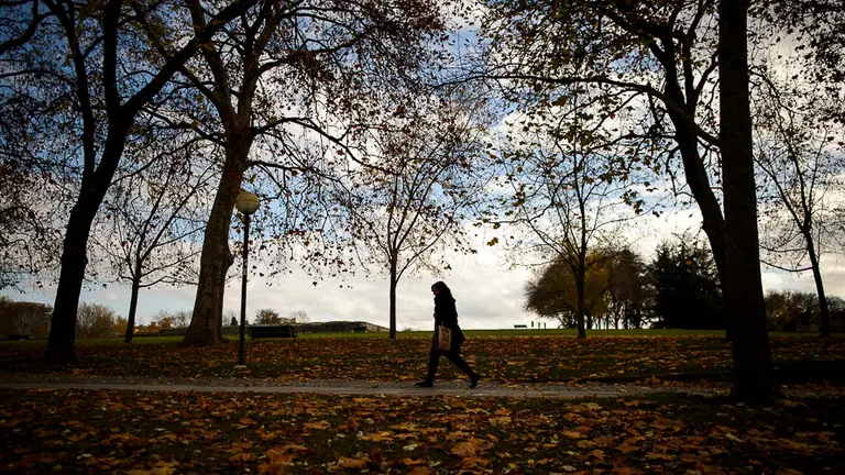 Una mujer, aprovechando el buen tiempo, pasea por la Vuelta del Castillo de Pamplona. PABLO LASAOSA