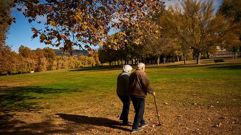 Una pareja de ancianos caminan por la Vuelta del Castillo de Pamplona durante una ma&ntilde;ana de oto&ntilde;o. PABLO LASAOSA