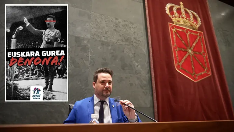 El cartel publicado por los abertzales de Ernai, sobre una imagen del alcalde de Tudela, Alejandro Toquero, en el Parlamento de Navarra. TWITTER/MIGUEL OS&Eacute;S