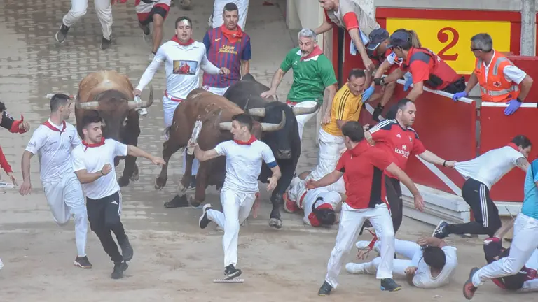 Entrada de los toros de la Ganader&iacute;a Miura, en la Plaza de toros de Pamplona en lo que es el octavo y &uacute;ltimo encierro de San Ferm&iacute;n 2022. IRAITZ IRIARTE.