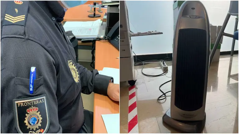 Un agente de Polic&iacute;a Nacional en una oficina extranjer&iacute;a de Pamplona y uno de los ventiladores que ha mandado la Delegaci&oacute;n del Gobierno. SUP.