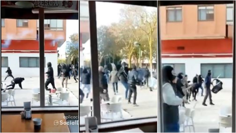 Ultras del Burgos y del Zaragoza en plena pelea. TWITTER