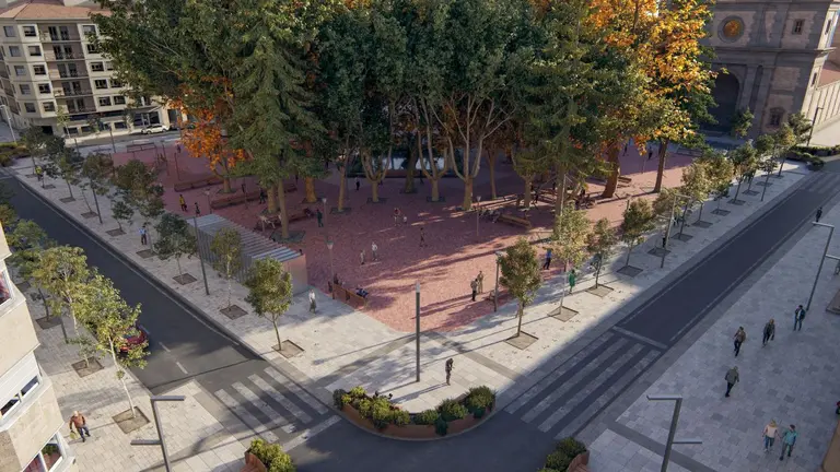 Vista a&eacute;rea de la Plaza de la Cruz de Pamplona entre las calles Sang&uuml;esa y Navarro Villoslada. AYUNTAMIENTO DE PAMPLONA