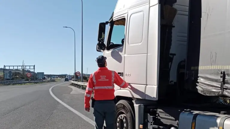 Un agente de la Polic&iacute;a Foral junto al cami&oacute;n que conduc&iacute;a el camionero sancionado. POLIC&Iacute;A FORAL