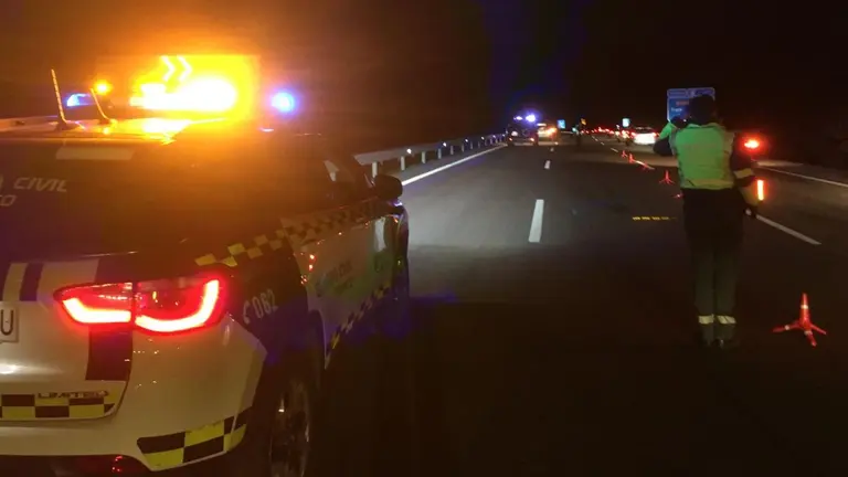 Una agente de la Guardia Civil regula el tr&aacute;fico en el punto del accidente en la AP-15. GUARDIA CIVIL