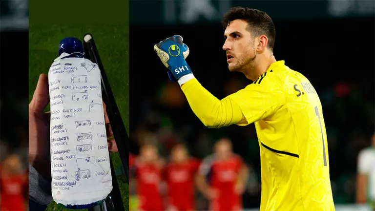 El portero de Osasuna, Sergio Herrera. EFE/Julio Mu&ntilde;oz y sobreimpresi&oacute;n de la botella que utiliz&oacute; el portero con los datos de los lanzadores de penaltis del Betis. EL PARTIDAZO DE COPE