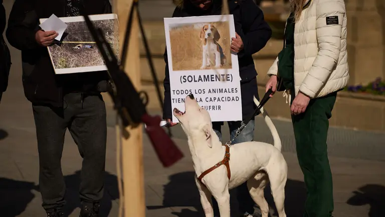 Concentraci&oacute;n de la Plataforma NAC (No a la Caza) para reclamar que todos los animales, entre ellos los perros de caza, est&eacute;n incluidos en el proyecto de ley de bienestar animal. PABLO LASAOSA