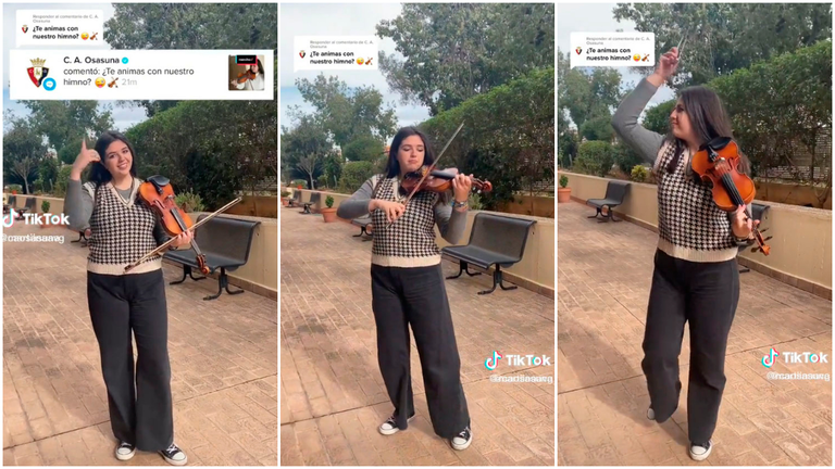 Imagen de la seguidora de Tiktok que ha tocado el himno de Osasuna con un violín. NAVARRA.COM