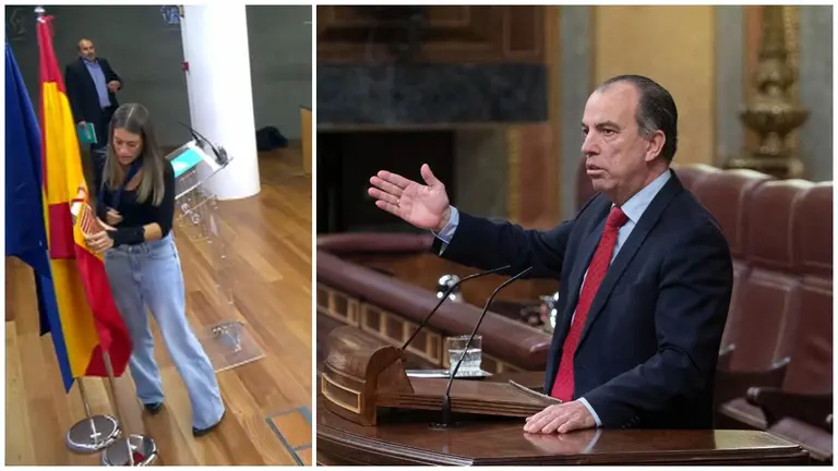 La diputada catalana Miriam Nogueras retira la bandera de Espa&ntilde;a de la sala de prensa del Congreso de los Diputados. A la derecho, el diputado navarro y candidato a la alcald&iacute;a de Pamplona, Carlos Garc&iacute;a Adanero.