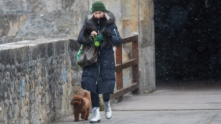 El paso de la borrasca Juliette por Pamplona deja el día más frío del invierno con temperaturas que han descendido hasta los 4 grados bajo cero y una sensación térmica cercana a los 10 grados bajo cero debido a las fuertes rachas del viento procedente del Ártico que han superado los 40 km/h y con precipitaciones en forma de nieve en polvo. IÑIGO ALZUGARAY