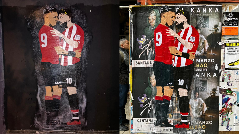Las ilustraciones de LKN colocadas en Pamplona y Bilbao en las que aparece Chiimmy &Aacute;vila e Iker Muniain. LKN