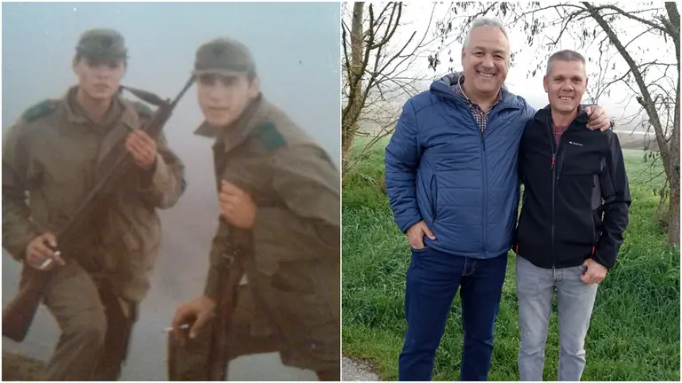 Paco Sánchez y Patxi Randez tras su reencuentro en el cuartel militar de Aizoáin. CEDIDA