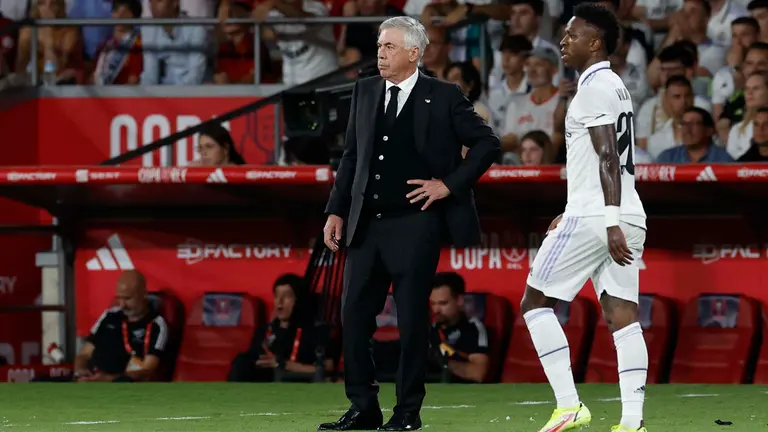 SEVILLA, 06/05/2023.- El t&eacute;cnico italiano del Real Madrid, Carlo Ancelotti y el delantero brasile&ntilde;o del equipo blanco, Vinicius, durante el encuentro correspondiente a la final de la Copa del Rey que disputan hoy s&aacute;bado frente a Osasuna en el estadio La Cartuja de Sevilla. EFE/Julio Mu&ntilde;oz.
