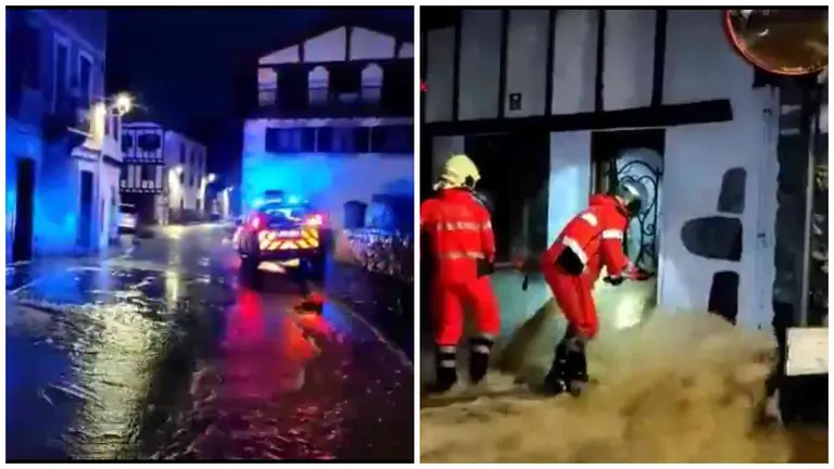 Los bomberos trabajan achicando agua en Bera de Bidasoa esta nadrugada. BOMBEROS DE NAVARRA