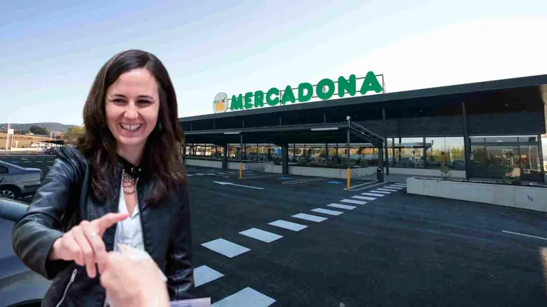 Fotomontaje de la ministra Ione Belarra ante un Mercadona.