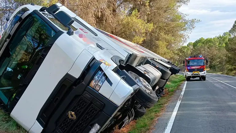 Imagen del cami&oacute;n volcado en la NA-115 en Peralta. BOMBEROS DE NAVARRA