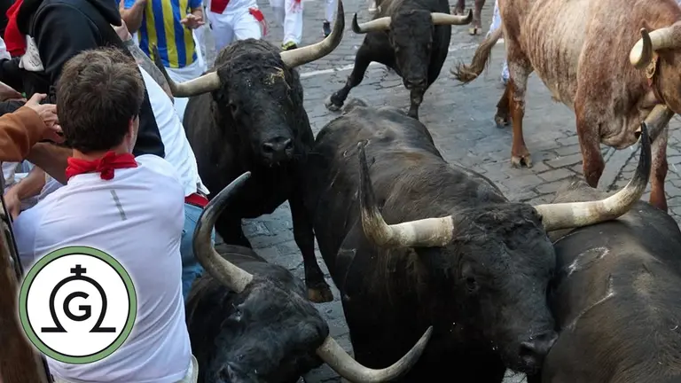 Los toros de la ganader&iacute;a gaditana de Fuente Ymbro pasan por el tramo de Telef&oacute;nica antes de su llegada al callej&oacute;n durante el segundo encierro de los Sanfermines 2022. EFE Daniel Fern&aacute;ndez