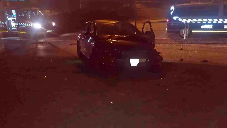El coche rompi&oacute; dos vallas de protecci&oacute;n, cruz&oacute; la acera y termin&oacute; sobre el jard&iacute;n en la rotonda de la plaza Monasterios de Navarra. POLIC&Iacute;A MUNICIPAL DE PAMPLONA