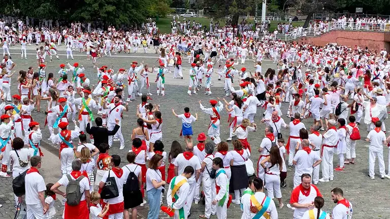 Multitudinario festival flocl&oacute;rico de danzas en la Plaza de los Fueros de Pamplona. Navarra.com