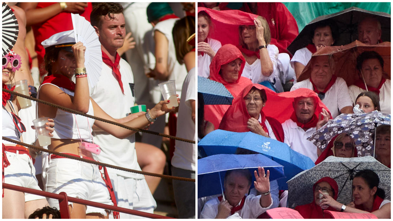 Tendidos de la plaza de toros de Pamplona con mucho calor y con lluvia.