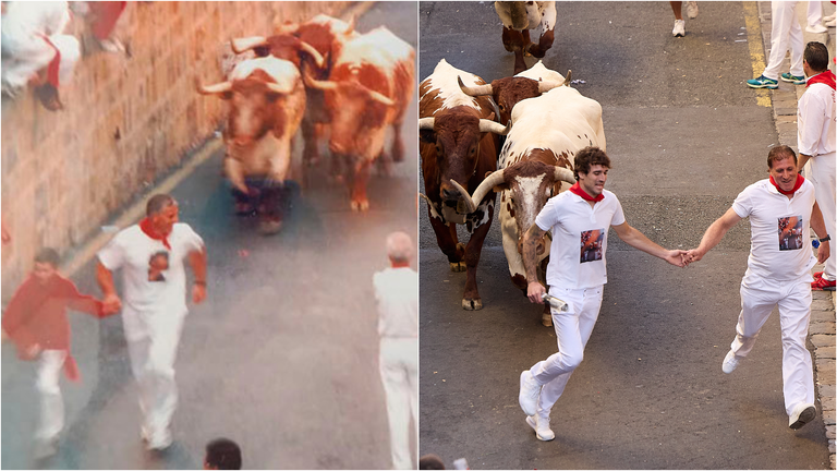 Mariano y Eder Jim&eacute;nez, padre e hijo, corriendo delante de los cabestros en un encierro de hace 21 a&ntilde;os y en el segundo de San Ferm&iacute;n 2023. ARCHIVO Y RUB&Eacute;N ALBARR&Aacute;N / ZUMA PRESS WIRE