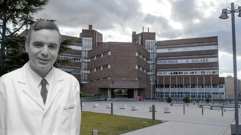 Imagen Santiago Santidri&aacute;n superpuesta sobre el edificio de la Facultad de Ciencias de la Universidad de Navarra. PABLO LASAOSA.