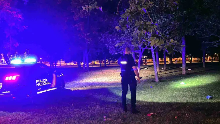 Un agente patrullando por una de las zonas m&aacute;s oscuras de la Vuelta del Castillo en San Ferm&iacute;n. POLIC&Iacute;A NACIONAL