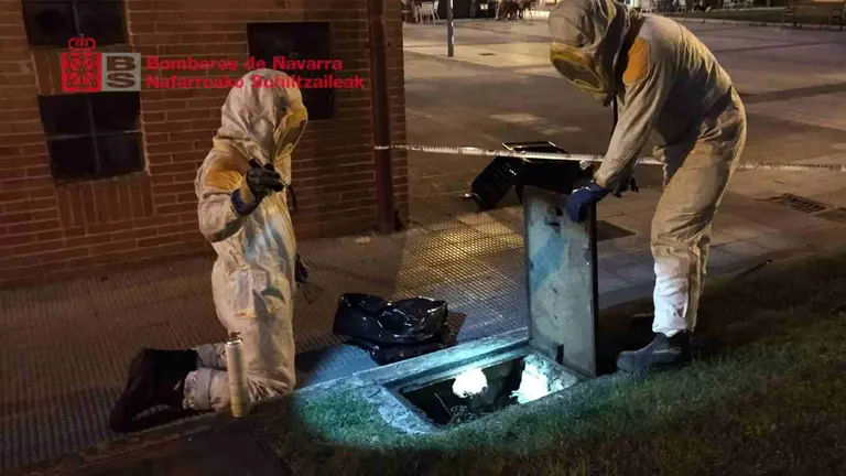 Dos bomberos retiran un panal de abejas avispa asi&aacute;tica de una arqueta en el barrio de Iturrama. BOMBEROS DE NAVARRA