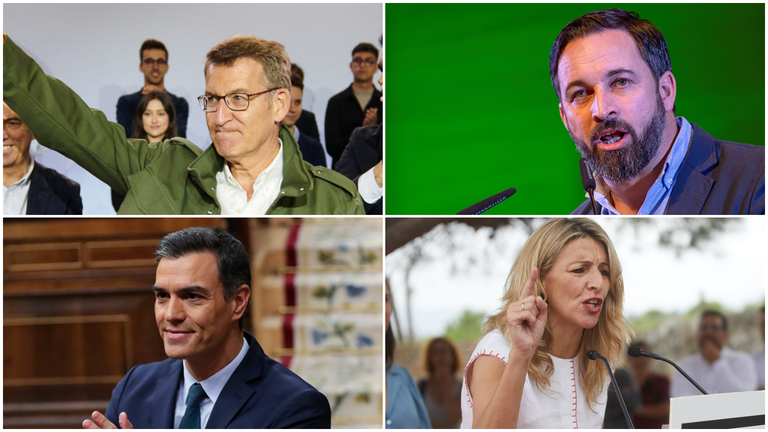 Alberto N&uacute;&ntilde;ez Feij&oacute;o (PP), Santiago Abascal (VOX), Pedro S&aacute;nchez (PSOE) y Yolanda D&iacute;az (SUMAR).