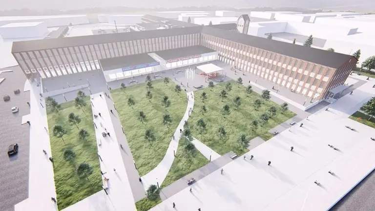 La Rochapea contar&aacute; con una plaza p&uacute;blica con arbolado y jardines frente al edificio Matesa-IWER. AYUNTAMIENTO DE PAMPLONA