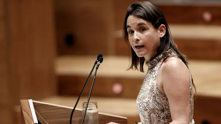 La portavoz del grupo parlamentario Contigo-Zurekin, Bego&ntilde;a Alfaro, durante su intervenci&oacute;n en la sesi&oacute;n de investidura de la candidata a presidir Navarra, Mar&iacute;a Chivite quien cuenta con los apoyos de PSN, Geroa Bai y el mendionado partido,, por lo que necesitar&aacute; de una nueva votaci&oacute;n el martes para ser elegida por mayor&iacute;a simple. EFE/ Jesus Diges