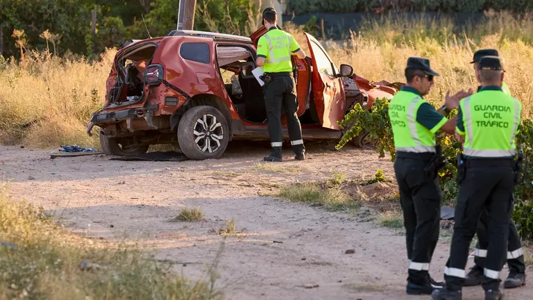 La Guardia Civil de Tr&aacute;fico en el lugar de los hechos, este s&aacute;bado donde un tren de pasajeros ha arrollado a un veh&iacute;culo en el que viajaban tres personas -dos adultos, que han resultado heridos y un menor que ha fallecido-, por lo que la circulaci&oacute;n ferroviaria est&aacute; interrumpida a la altura de la localidad de Alberche del Caudillo (Toledo), cerca de Talavera de la Reina.- EFE/Manu Reino